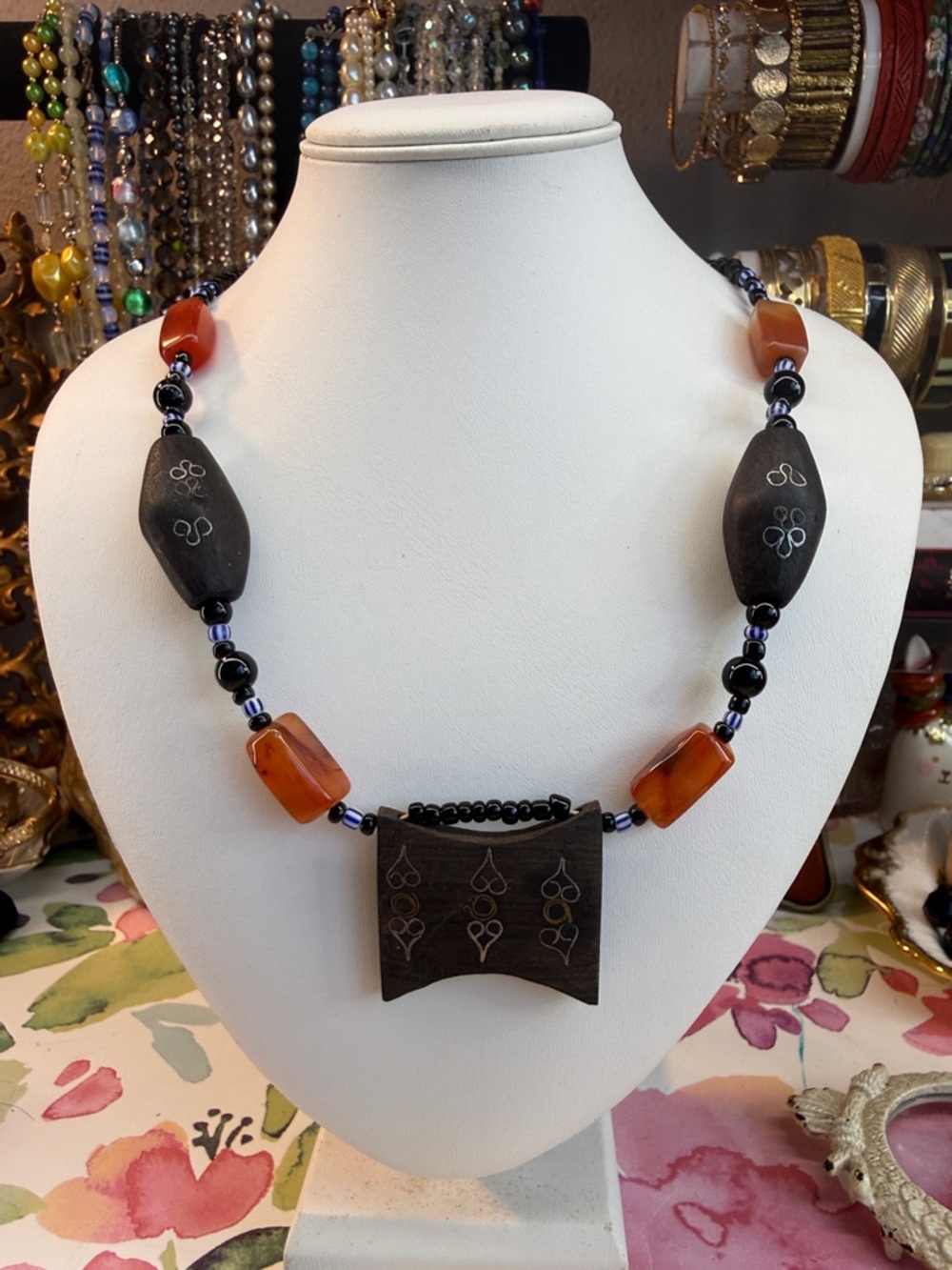 Artisan Black Wood and Amber Bead Necklace - Handcrafted Women’s Jewelry